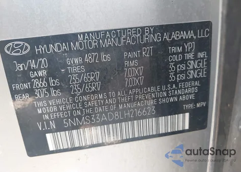 2020 Hyundai Santa Fe Sel z USA, uszkodzony, nr VIN 5NMS33AD8LH216623